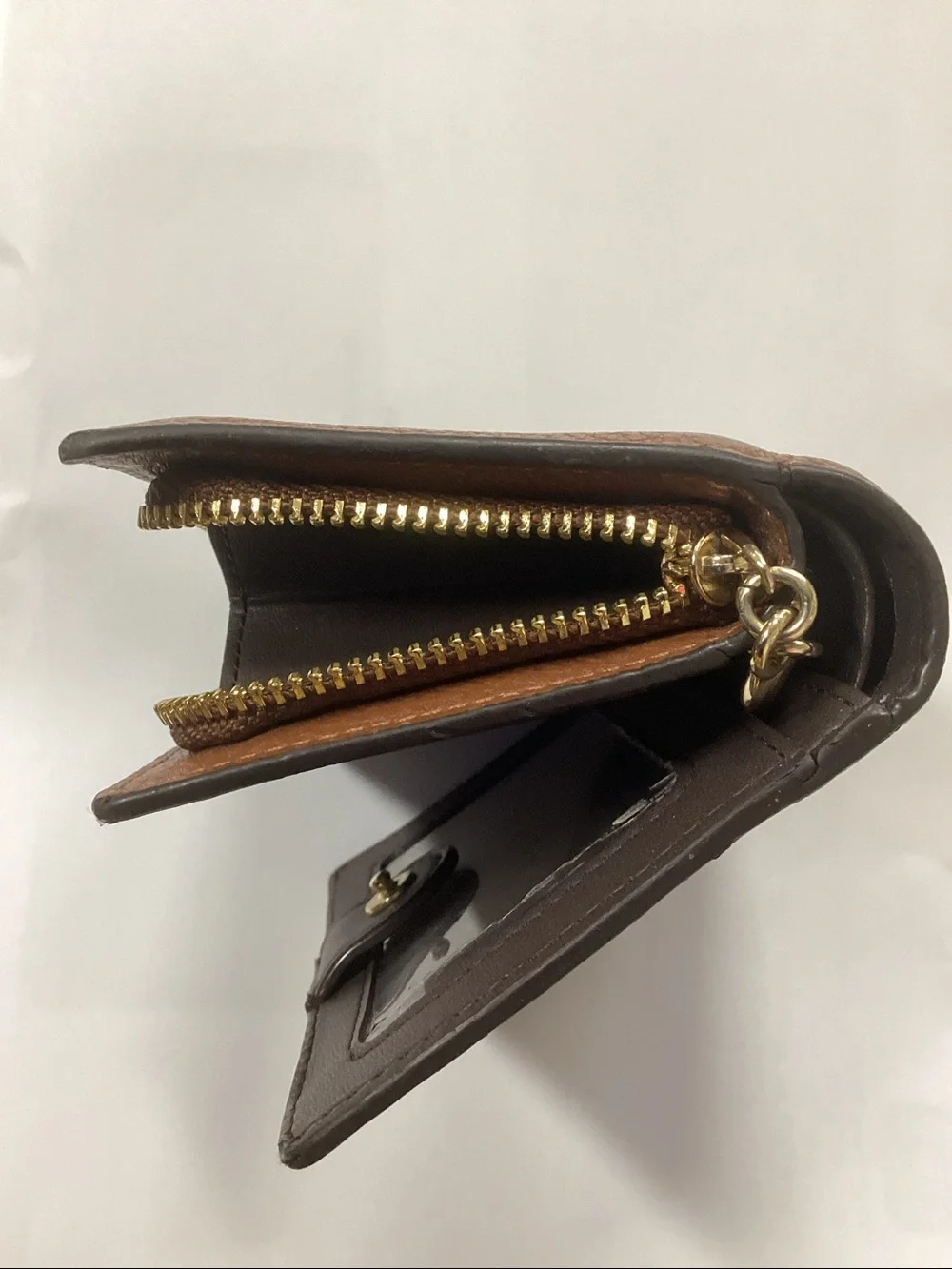 Coach Pebbled Leather Compact Wallet in Chestnut Brown with Gold Accents